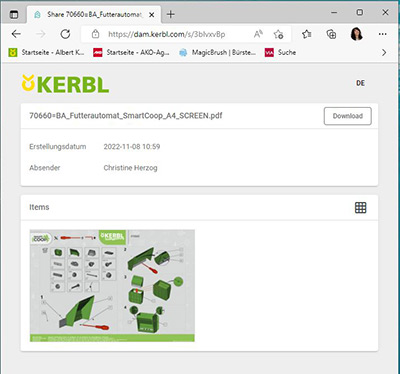 Screenshot eines Datenbank Download Links von Kerbl