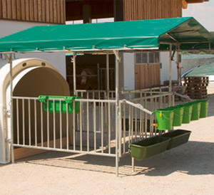 Das optionale Vordach der Gruppenkälberhütte CalfHouse Premium XL bietet Schutz vor Witterung und Sonne