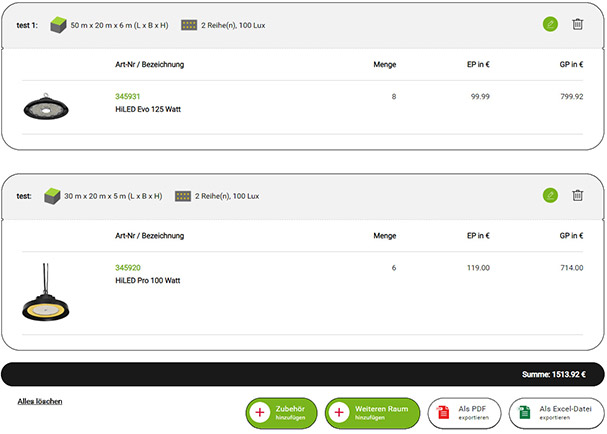 Screenshot LED-Konfigurator: Zusammenstellung