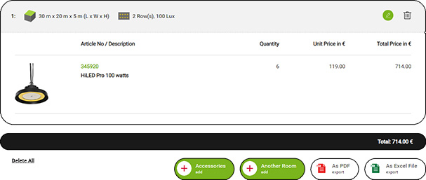 Screenshot LED Configurator: summary with article numbers, quantities and prices